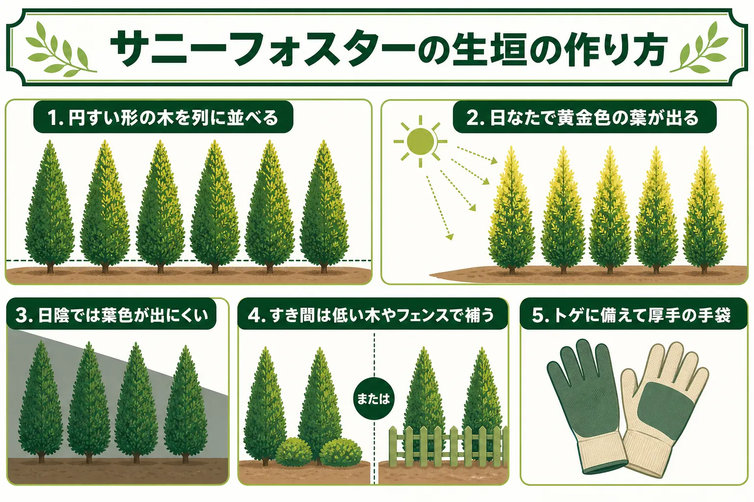 サニーフォスターの円すい形を生かして列に並べる生垣と、向く場所・向かない場所を示した図解