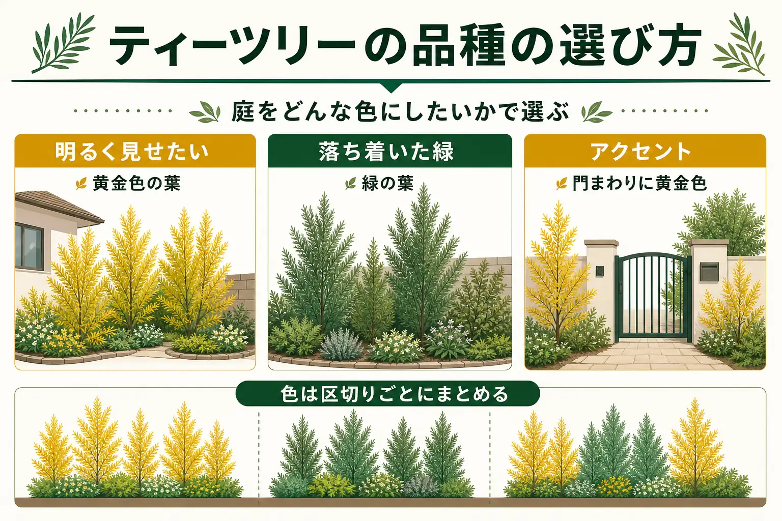 ティーツリーの品種を、黄金色の葉と緑の葉のタイプに分け、合わせやすい外構の色を示した図解