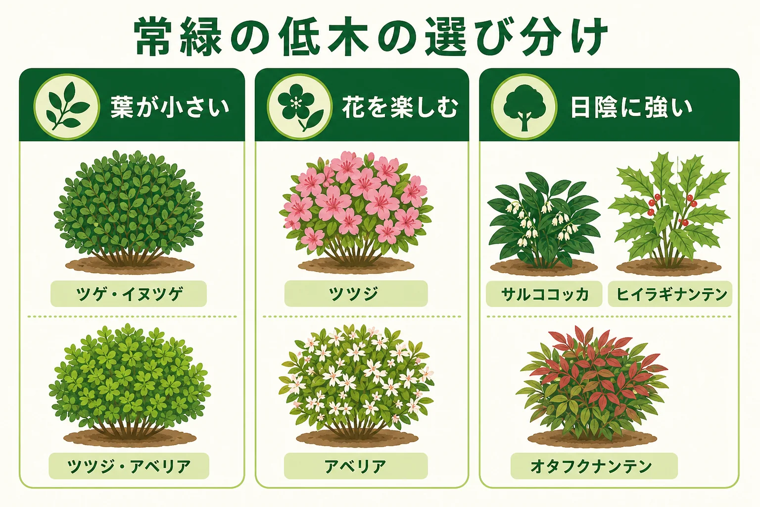 常緑の低木を、葉の大きさ・花の有無・日陰への強さの3つの軸で選び分ける方法を示した図解