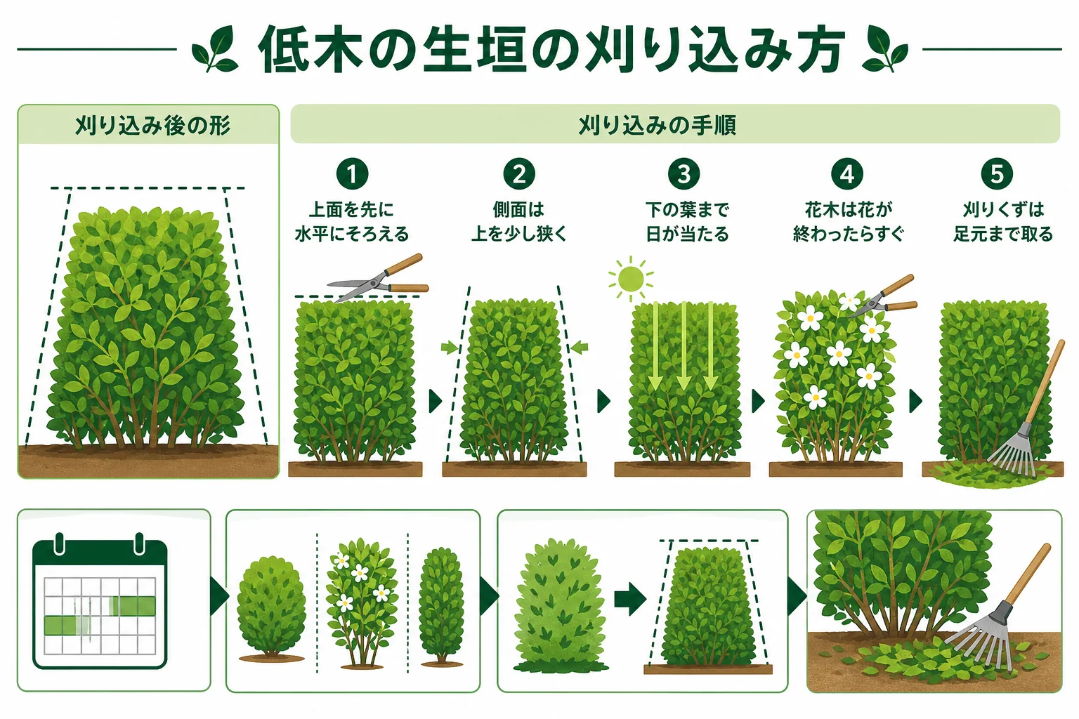 低木の生垣を台形に刈り込む形と、花木を花後すぐに剪定するタイミングを示した図解