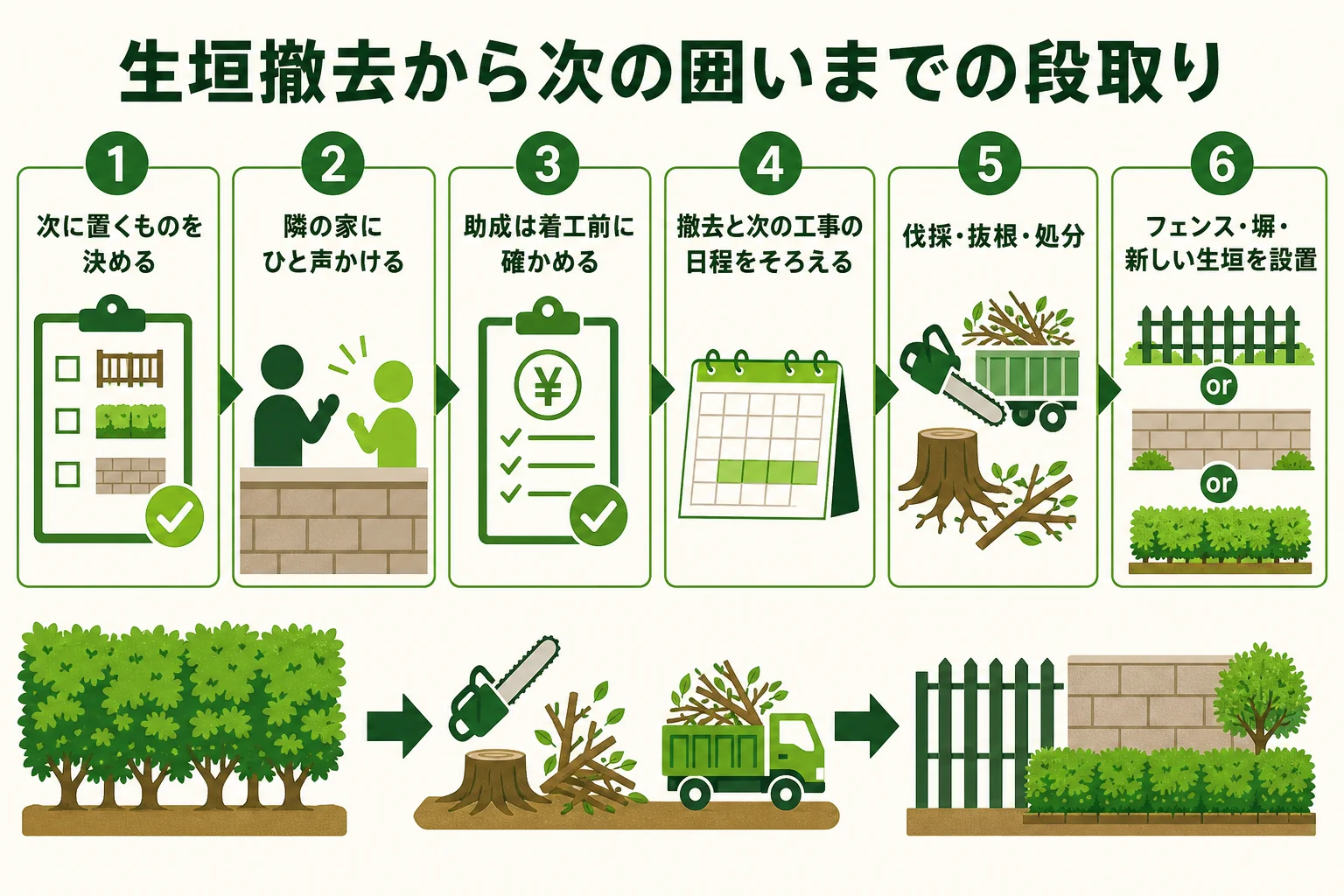 生垣の撤去から、抜根・地面の整え・フェンスや新しい生垣の設置までの段取りを時間の順に示した図解
