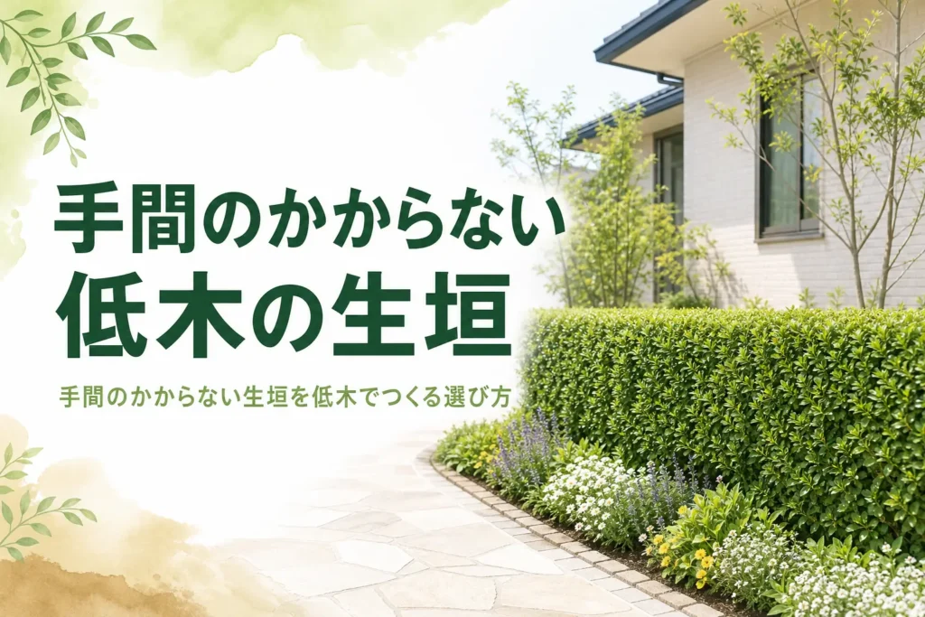 手間のかからない低木の生垣の選び方を解説する記事のアイキャッチ