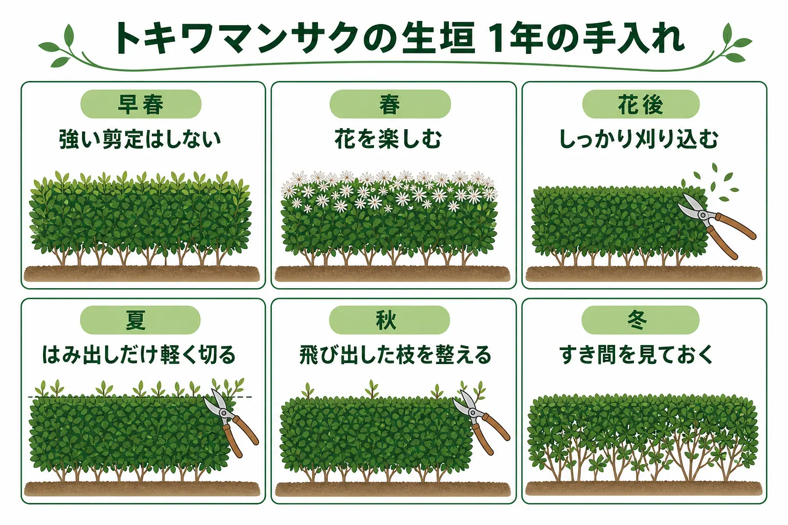 トキワマンサクの生垣の1年の手入れを、花・花後の剪定・秋の整え・冬の見回りの順に並べたカレンダーの図解