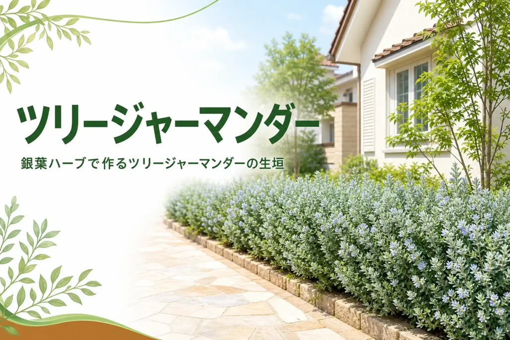 銀白色の葉で作るツリージャーマンダーの低い生垣の特徴と手入れを紹介する記事のアイキャッチ
