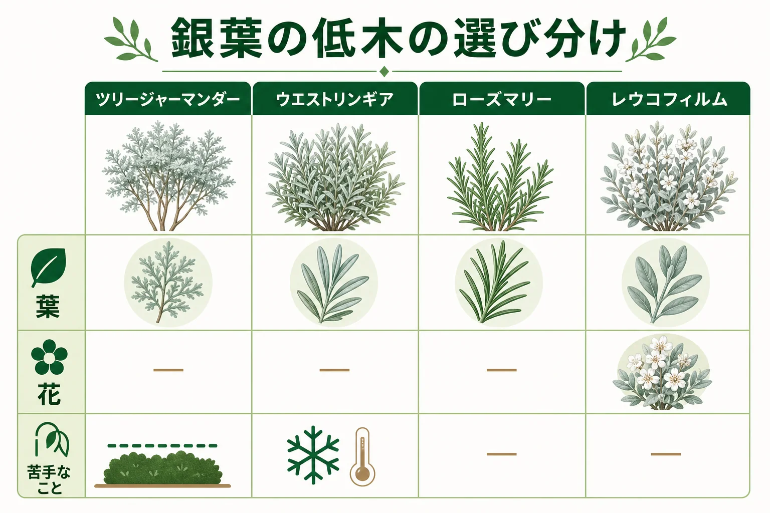 ツリージャーマンダー・ウエストリンギア・ローズマリー・レウコフィルムの4つの銀葉の低木を、葉・花・向く場所で選び分ける図解