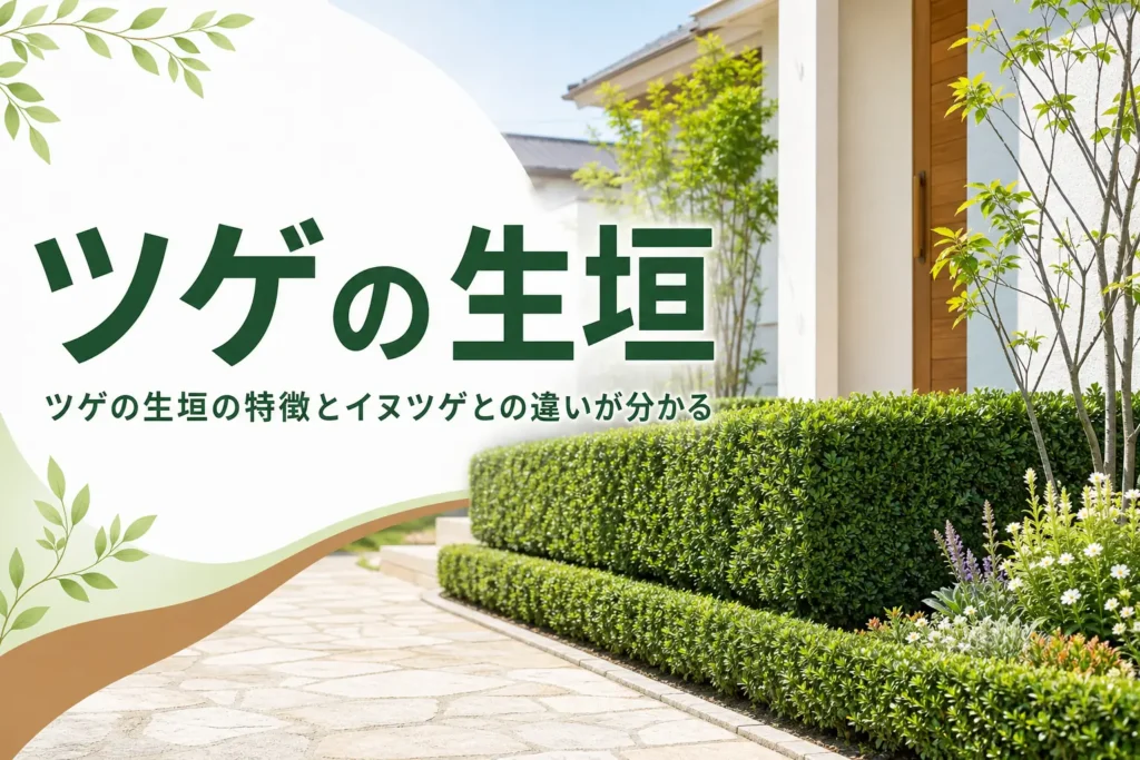 ツゲの生垣の特徴と、イヌツゲとの違いや手入れを解説する記事のアイキャッチ