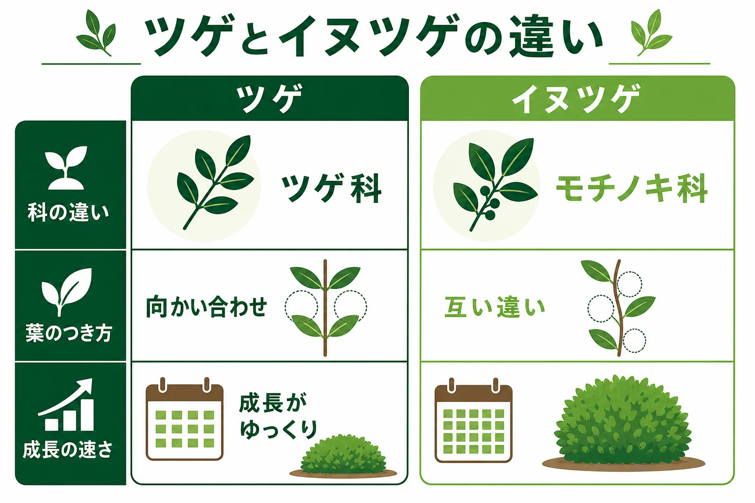 ツゲとイヌツゲの違いを、仲間・葉のつき方・剪定時期・気をつけたい虫で比べた図解