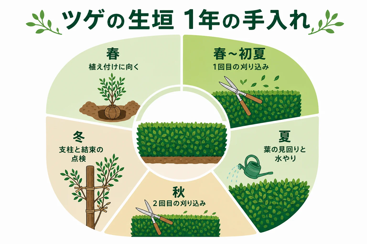ツゲの生垣の1年の手入れを、春・春〜初夏・夏・秋・冬に分けて示した年間カレンダーの図解
