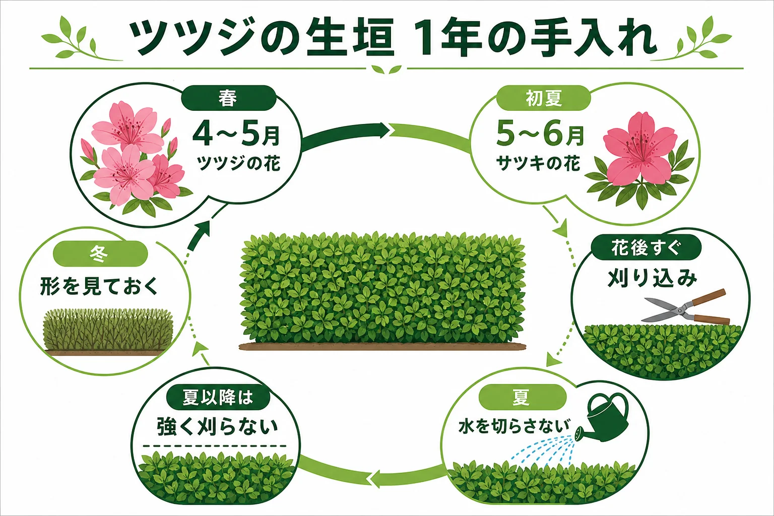 ツツジとサツキの生垣の1年の手入れを、花の時期・剪定・水やり・虫の確認に分けて示した年間カレンダーの図解
