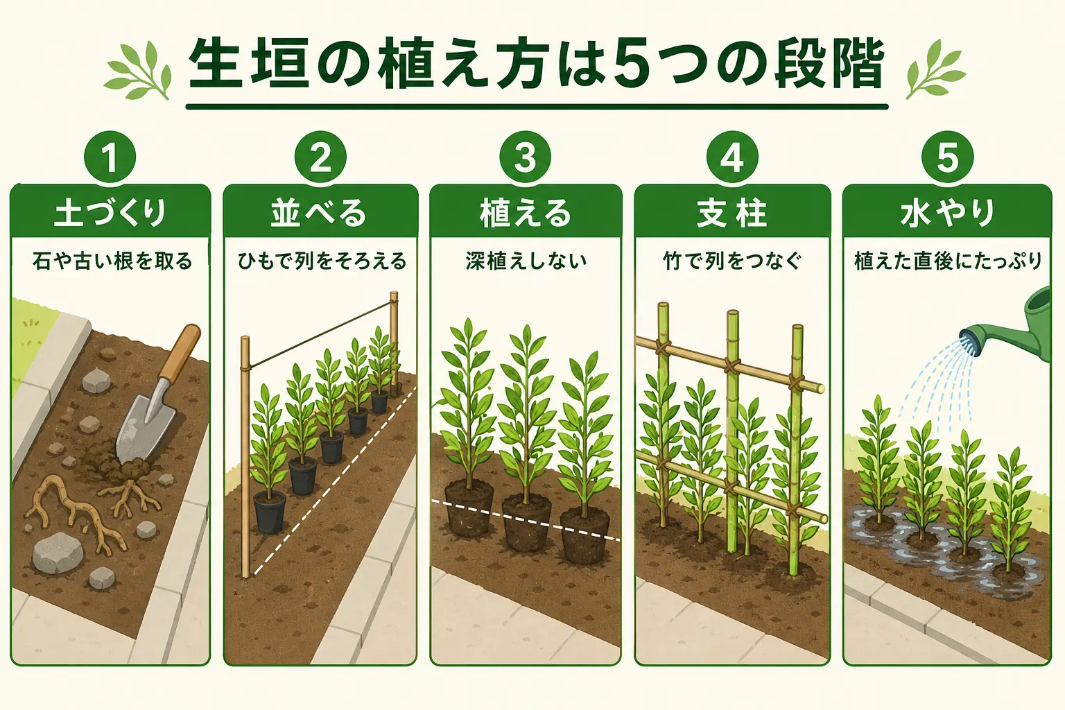 生垣の植え方を、土づくり・並べる・植える・支柱・水やりの5段階で順番に示した図解