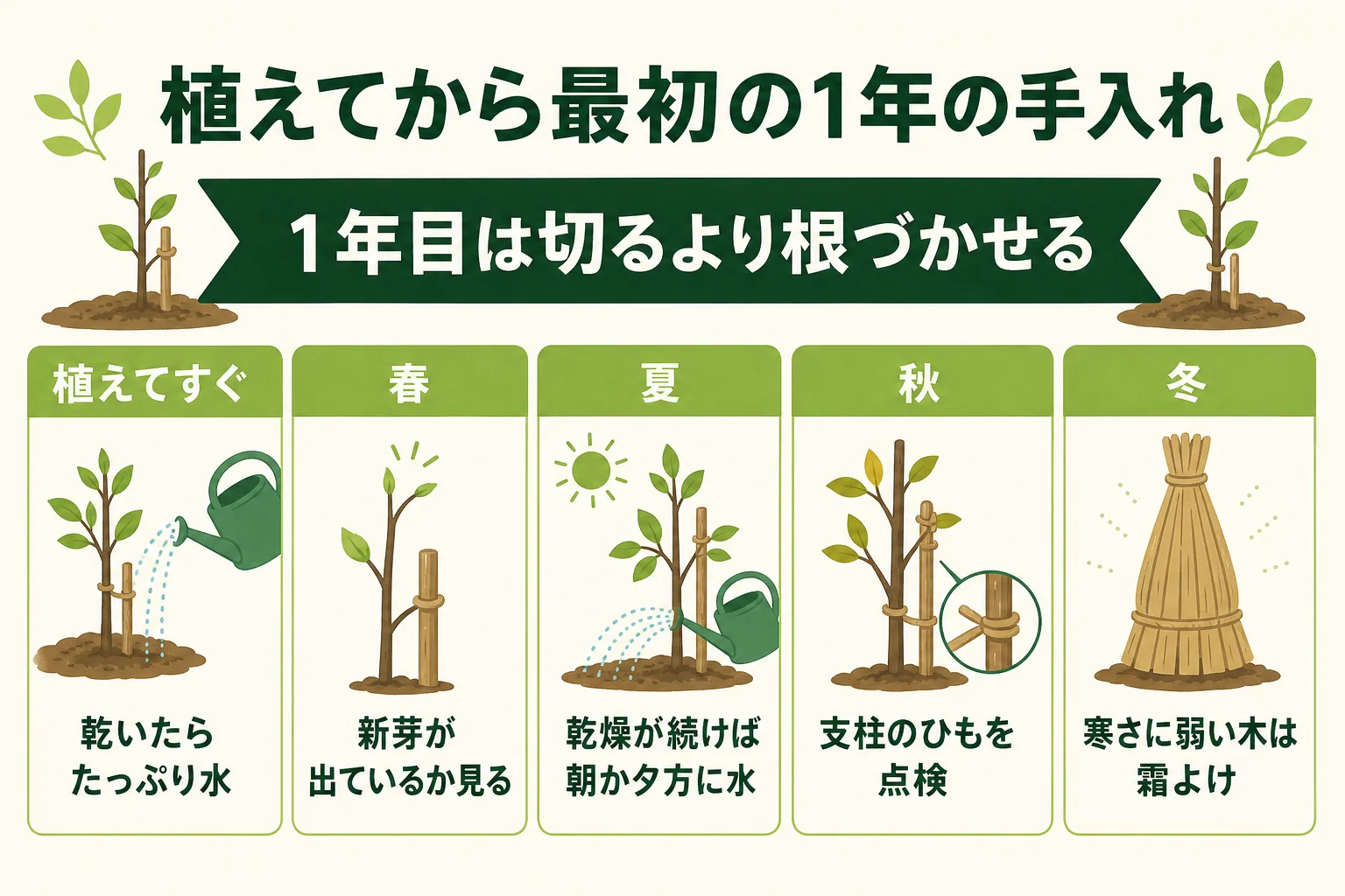 生垣を植えてから最初の1年の、季節ごとの水やり・支柱の点検・軽い剪定の目安をまとめた年間カレンダーの図解