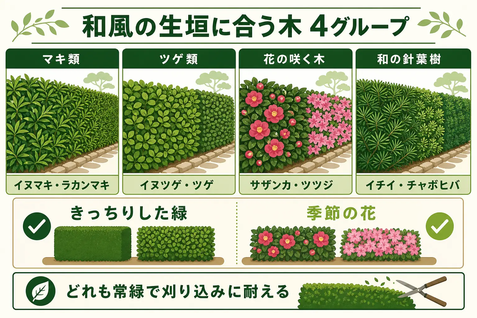 和風の生垣に合う木を、マキ類・ツゲ類・花の咲く木・和の針葉樹の4グループに分けて特徴を示した図解