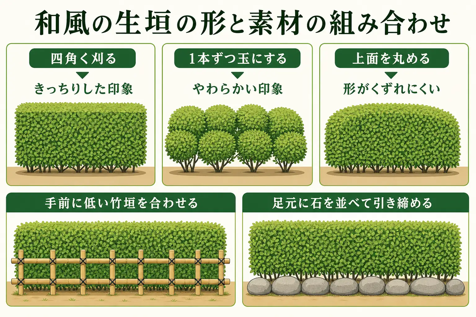 和風の生垣の形を、四角い刈り込み・玉仕立て・上面を丸める形の3つに分け、足元に合わせる竹垣と石の組み合わせ例を示した図解