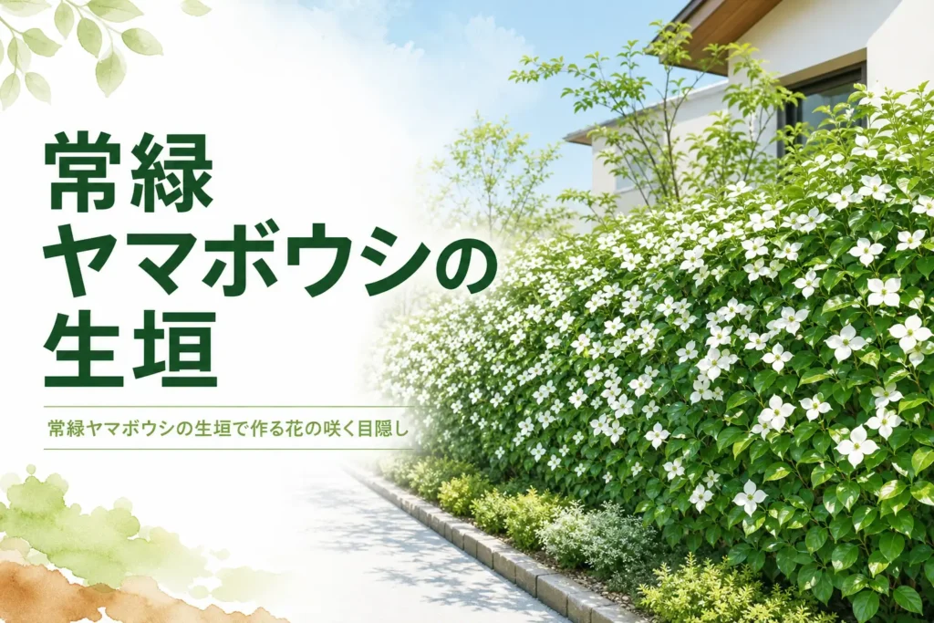 花の咲く目隠しになる常緑ヤマボウシの生垣の作り方を解説する記事のアイキャッチ