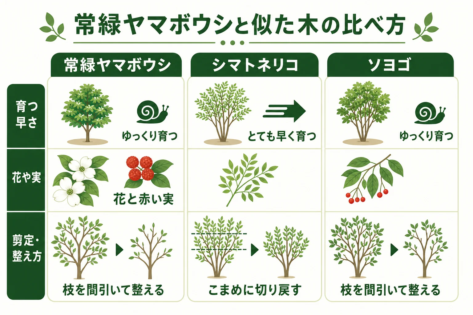 常緑ヤマボウシ・シマトネリコ・ソヨゴの3つを、育つ早さ・花と実・手入れの考え方で比べた図解