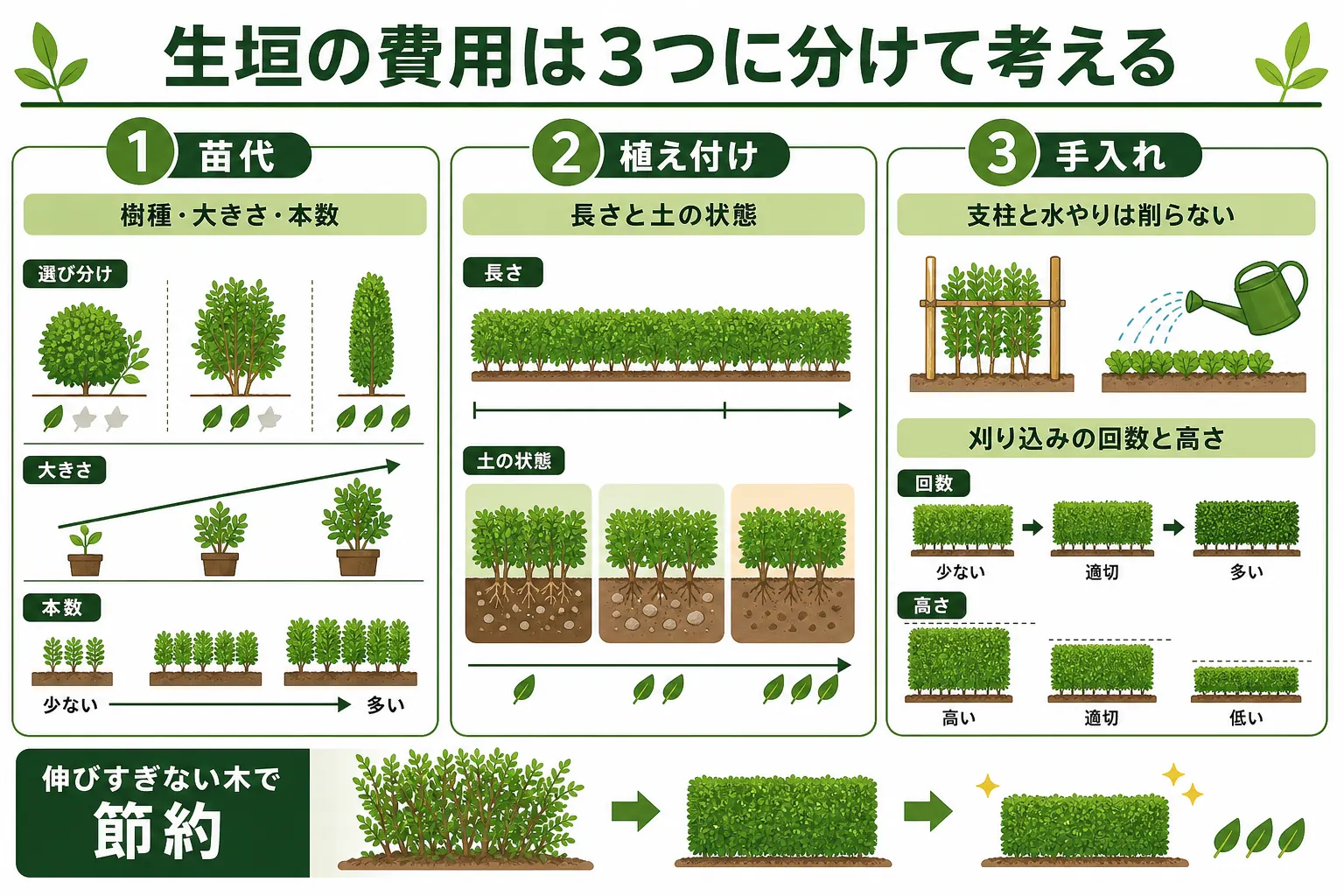 生垣の費用を苗代・植え付け・その後の手入れの3つに分け、それぞれ何で差がつくかと節約の考え方を示した図解