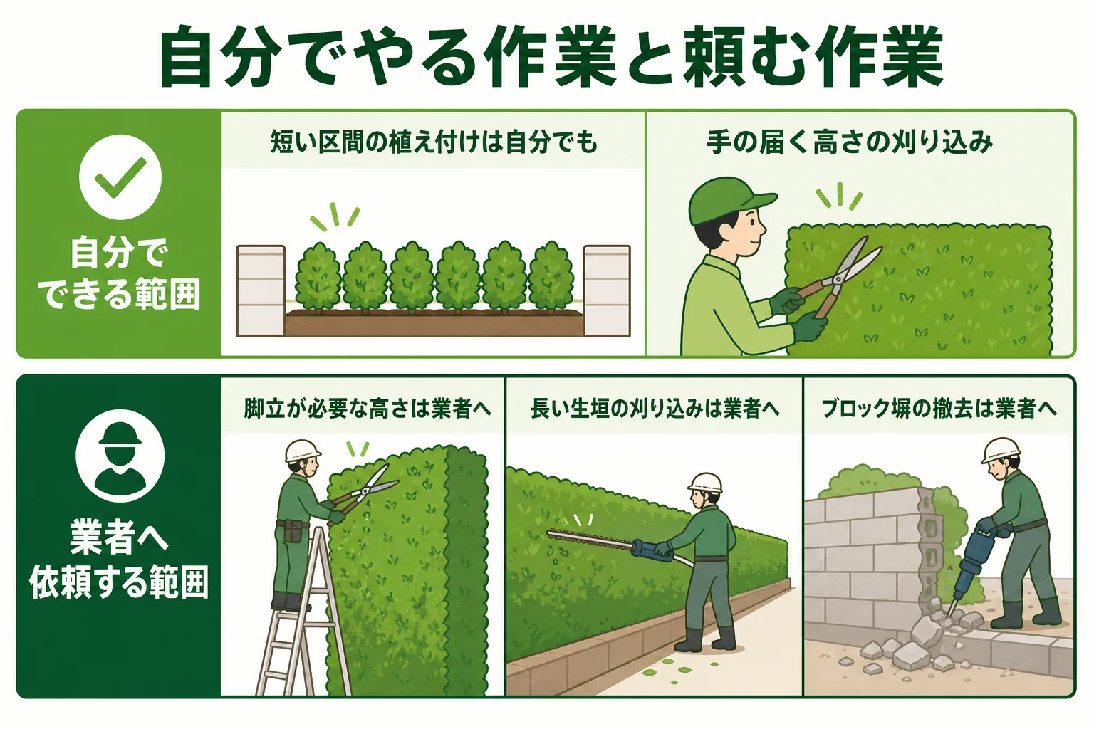 生垣づくりの作業を、自分でやりやすい作業と業者に頼んだ方がいい作業に分けて示した図解