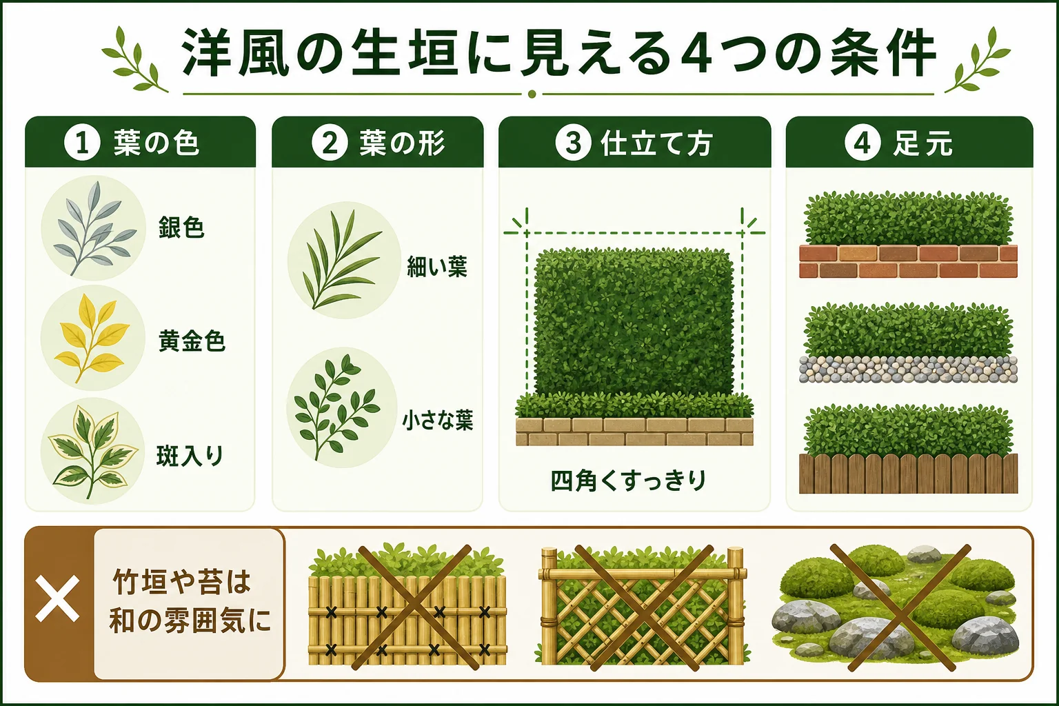洋風の生垣に見える条件を、葉の色・葉の形・仕立て方・足元の素材の4つに分けて示した図解